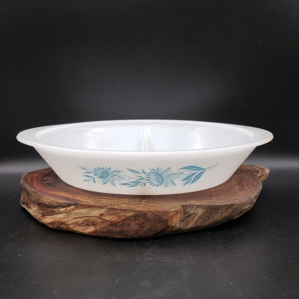McKee Glasbake White with Aqua Flowers Divided Casserole 12" Milk Glass Vintage